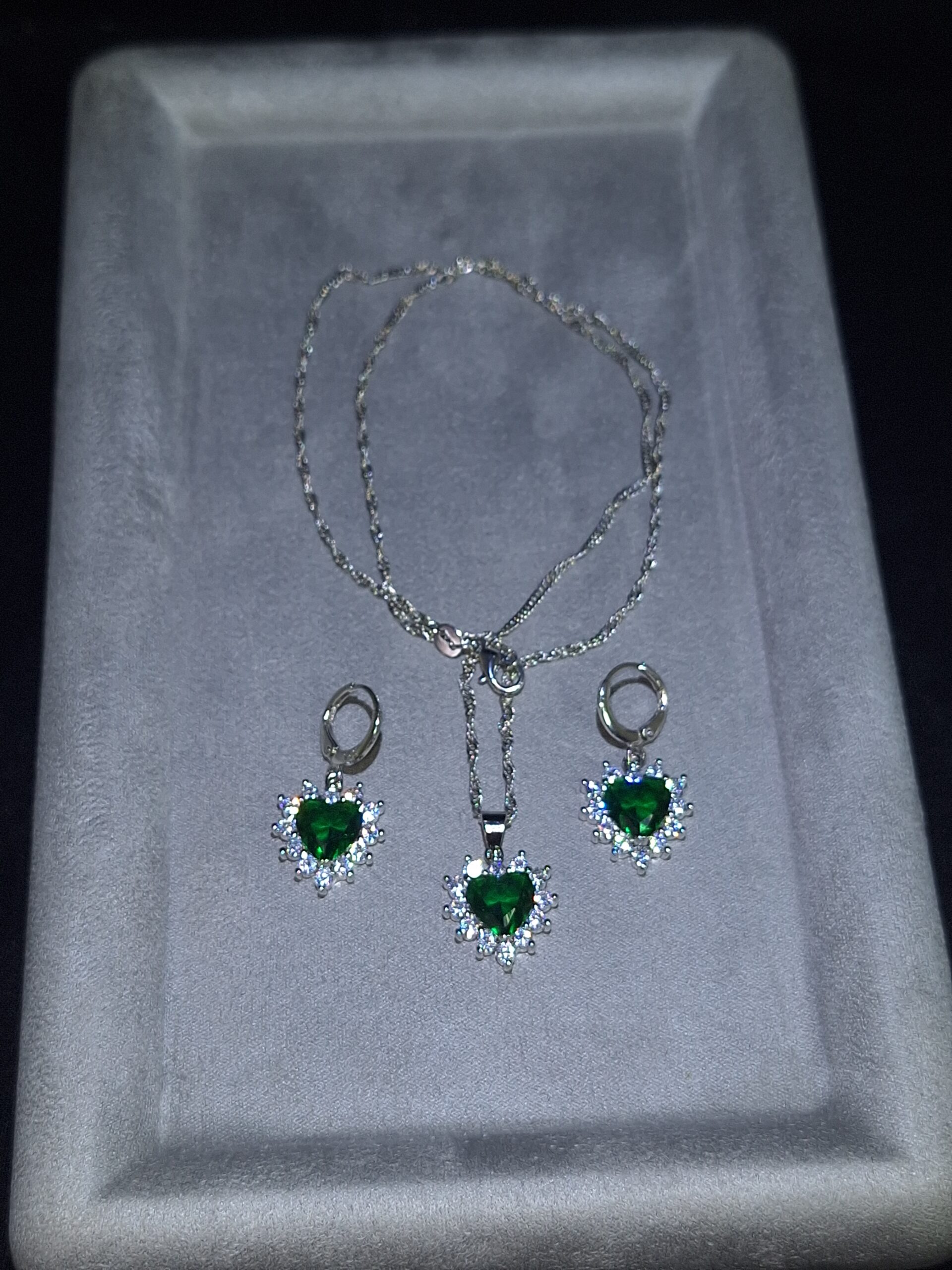 Parure argent CZ cœur vert