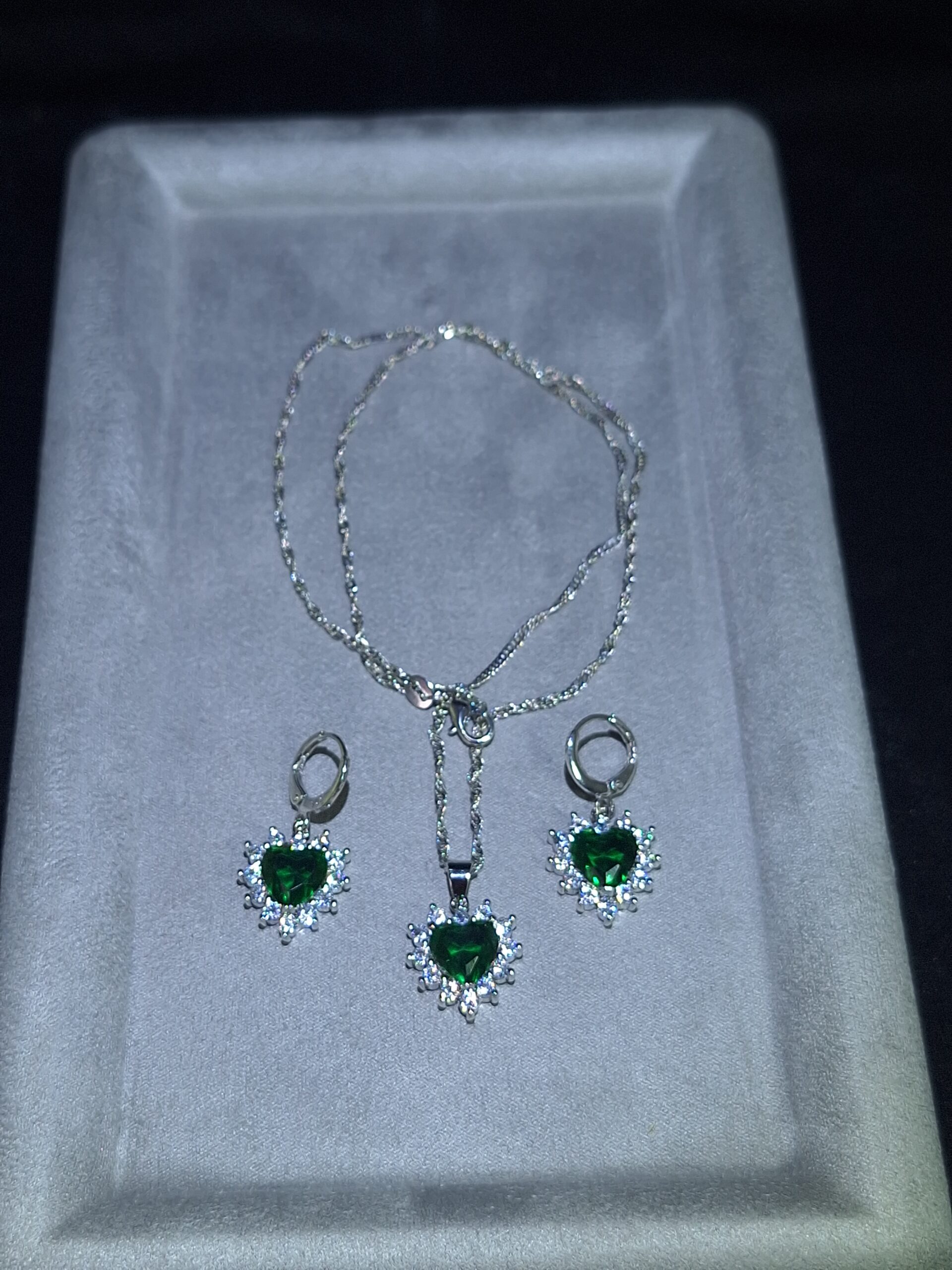 Parure argent CZ cœur vert