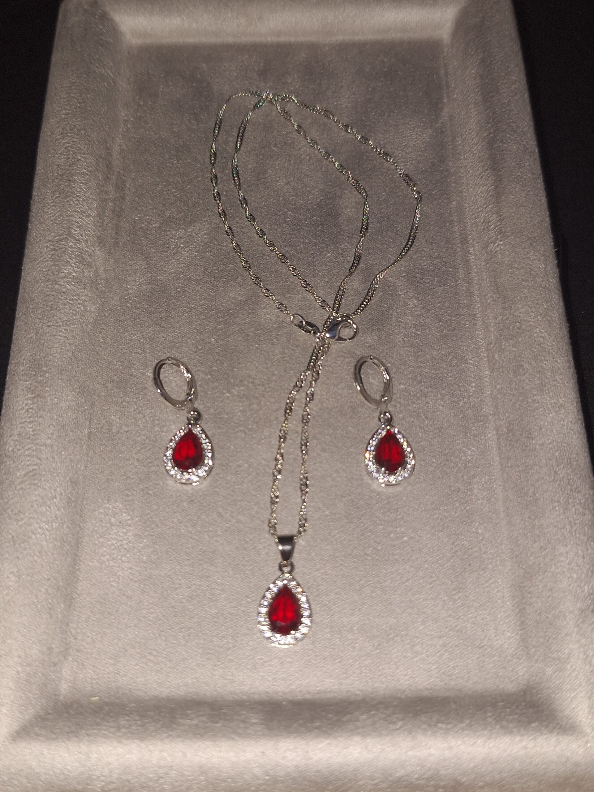 Parure argent CZ goutte rouge