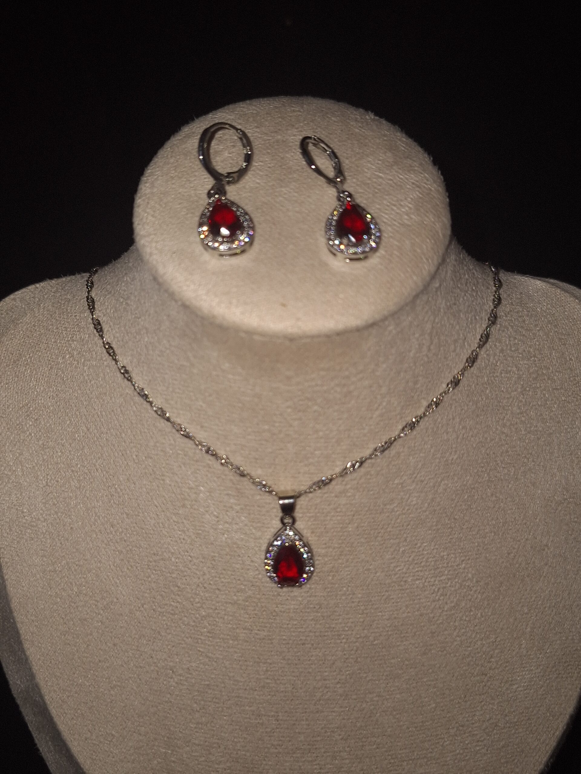 Parure argent CZ goutte rouge
