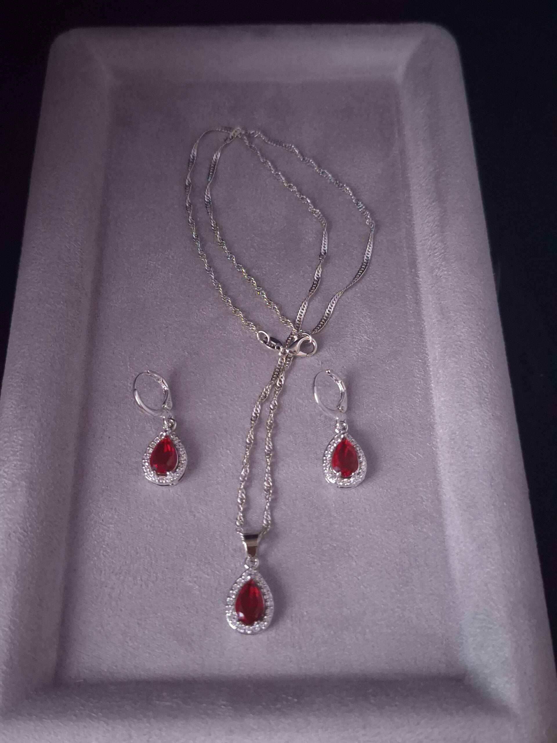Parure argent CZ goutte rouge