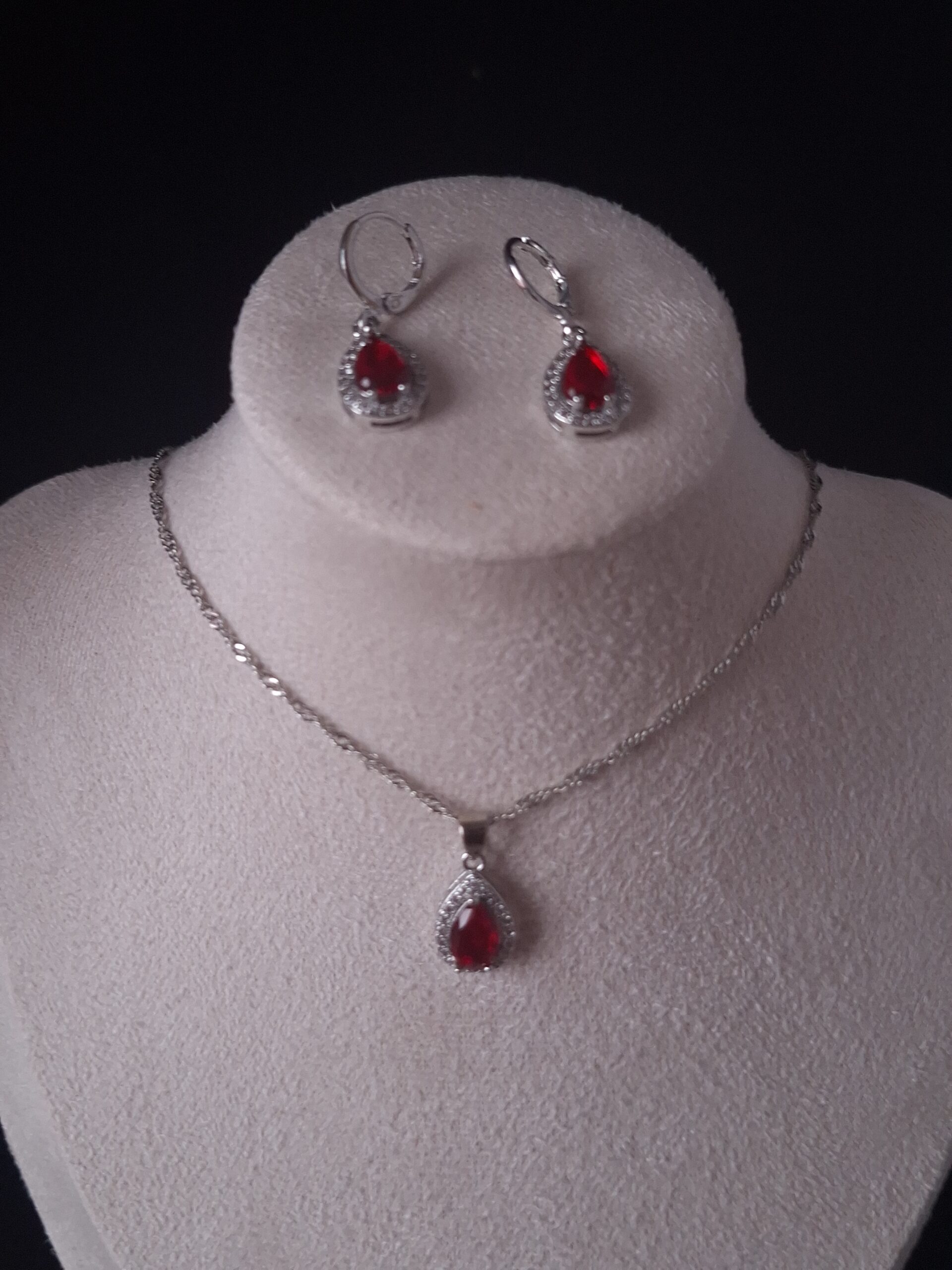 Parure argent CZ goutte rouge