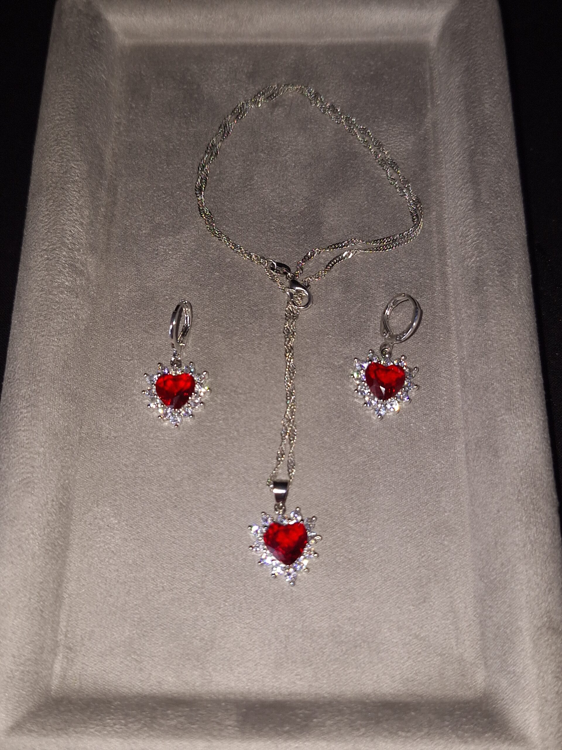 Parure argent CZ cœur rouge