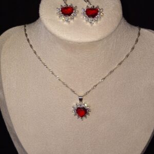 Parure fantaisie en argent & oxydes de zirconium – Cœur rouge éclatant
