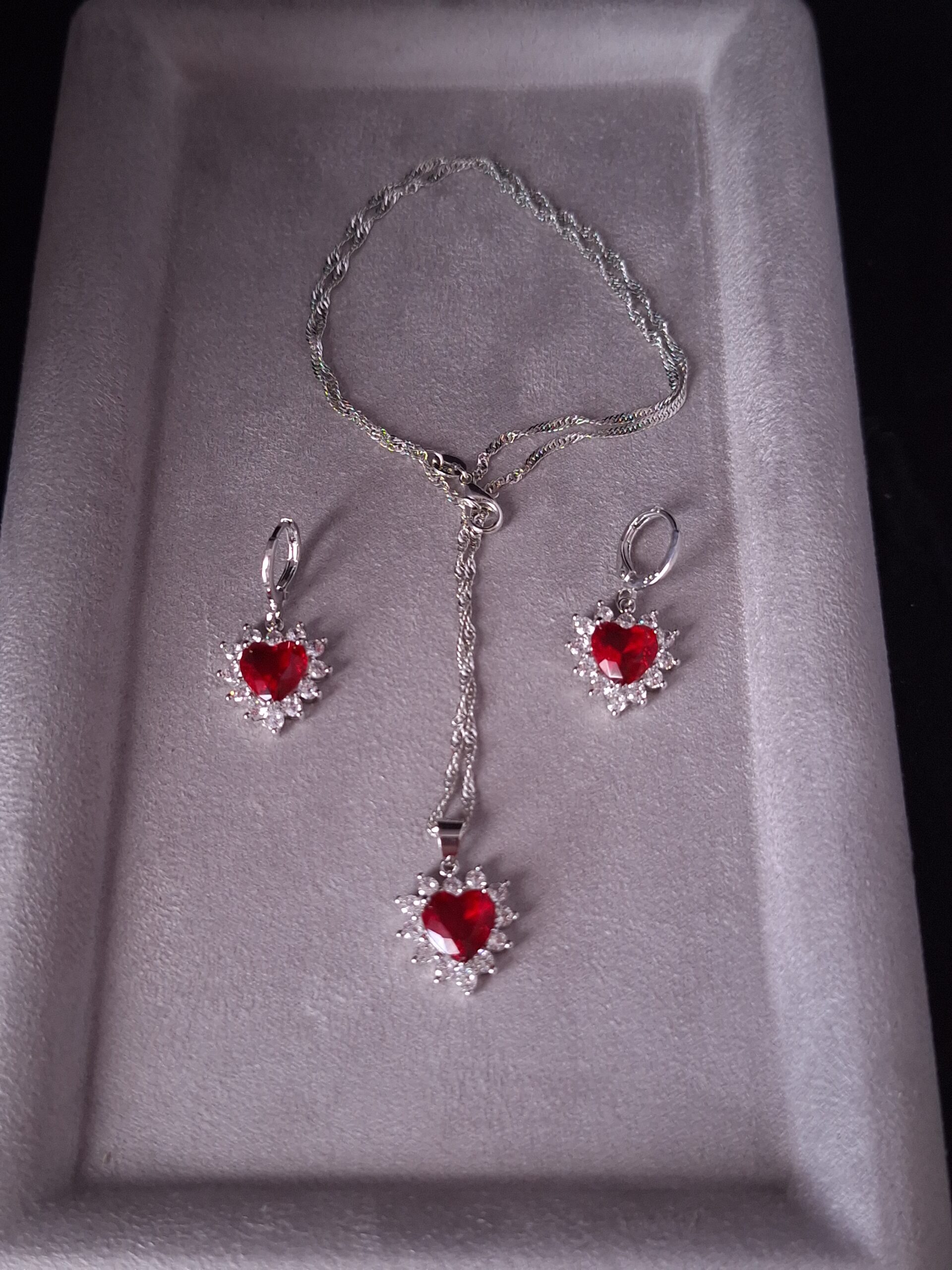 Parure argent CZ cœur rouge
