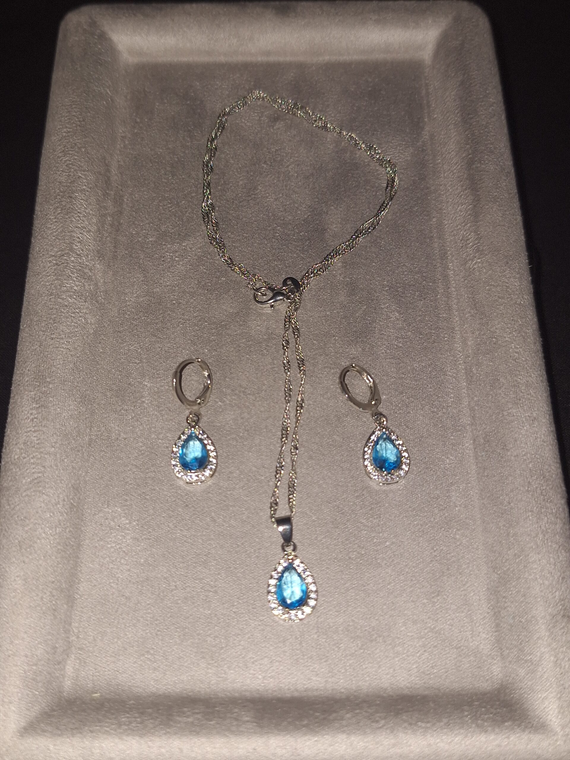 Parure argent CZ goutte Bleu