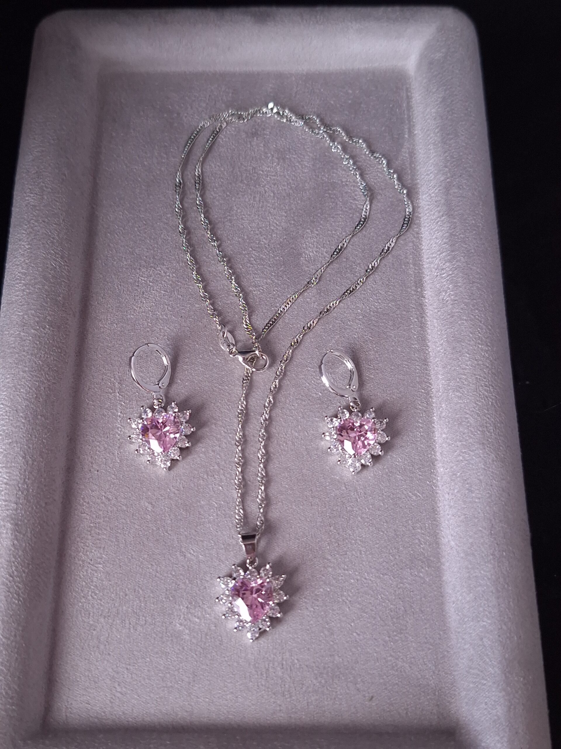 Parure argent CZ cœur rose