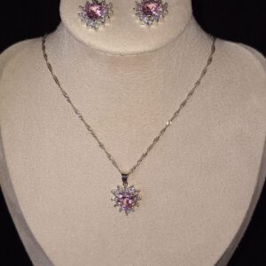 Parure fantaisie en argent & oxydes de zirconium – Cœur rose éclatant