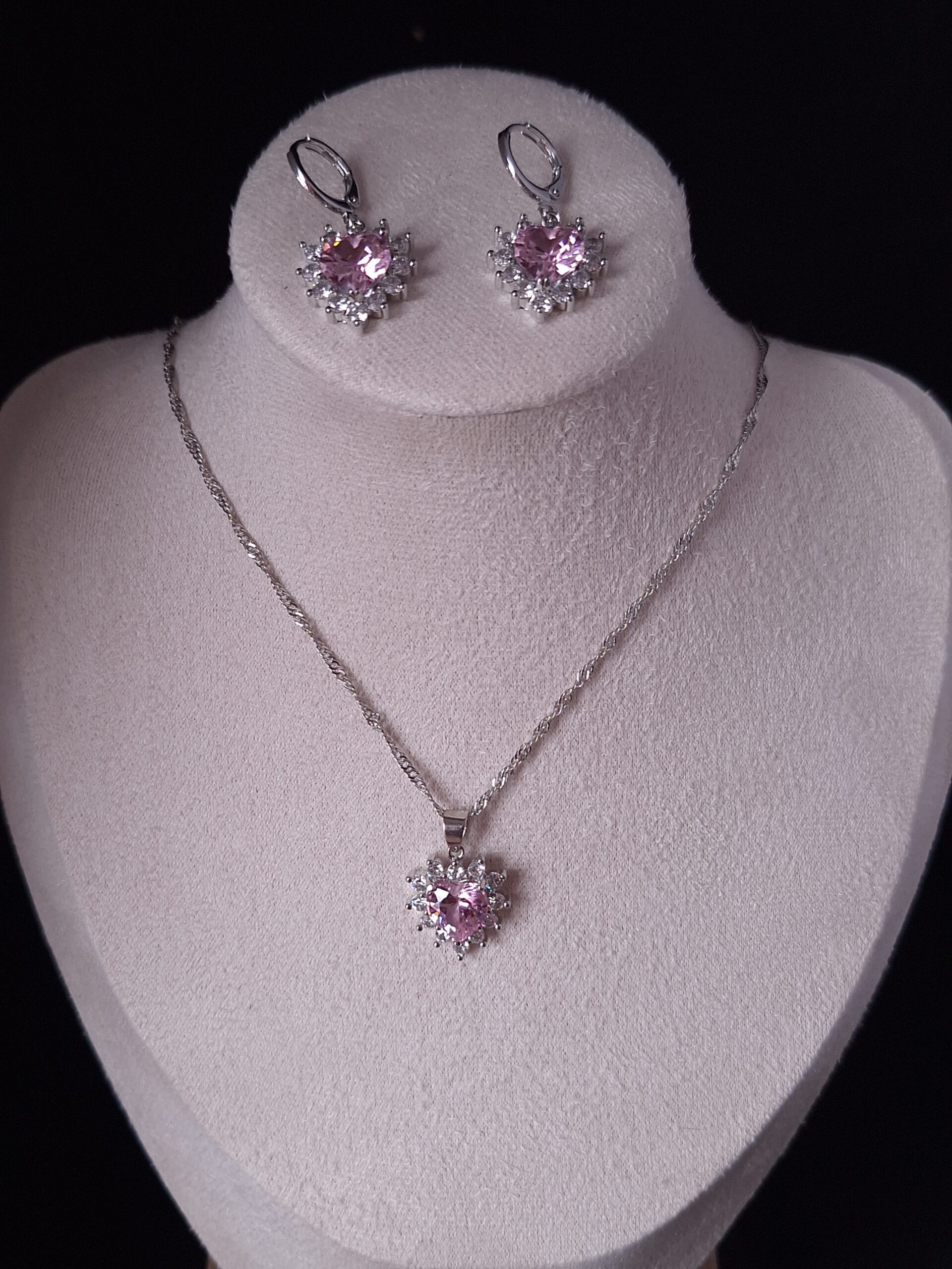 Parure argent CZ cœur rose